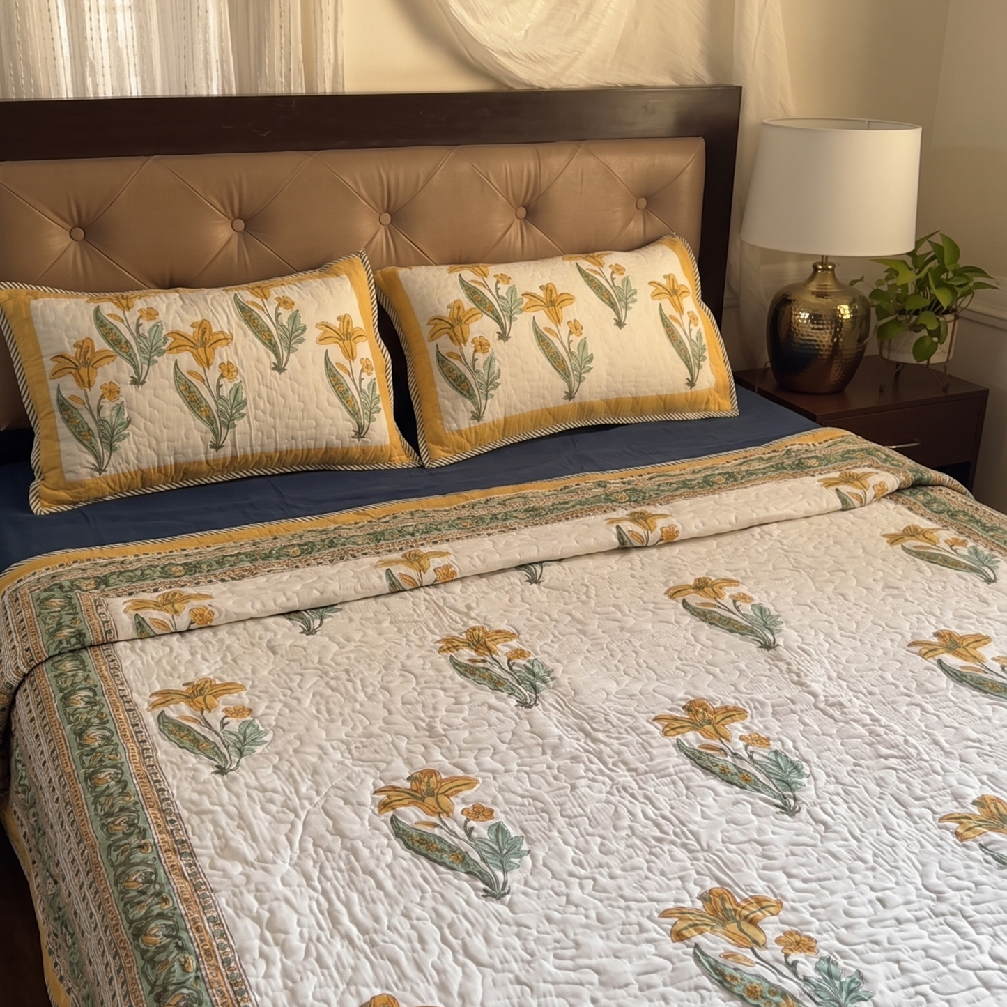 Yellow Lily Handblock Reversible Quilted Bedcover Set