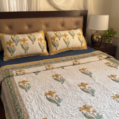 Yellow Lily Handblock Reversible Quilted Bedcover Set