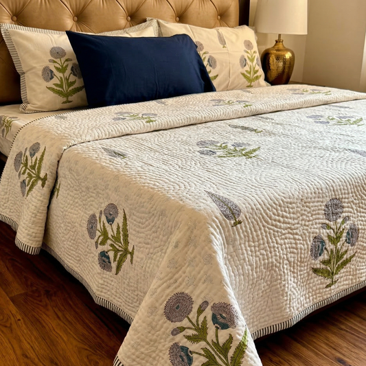 Blue Dahlia Handblock Reversible Quilted Bedcover Set