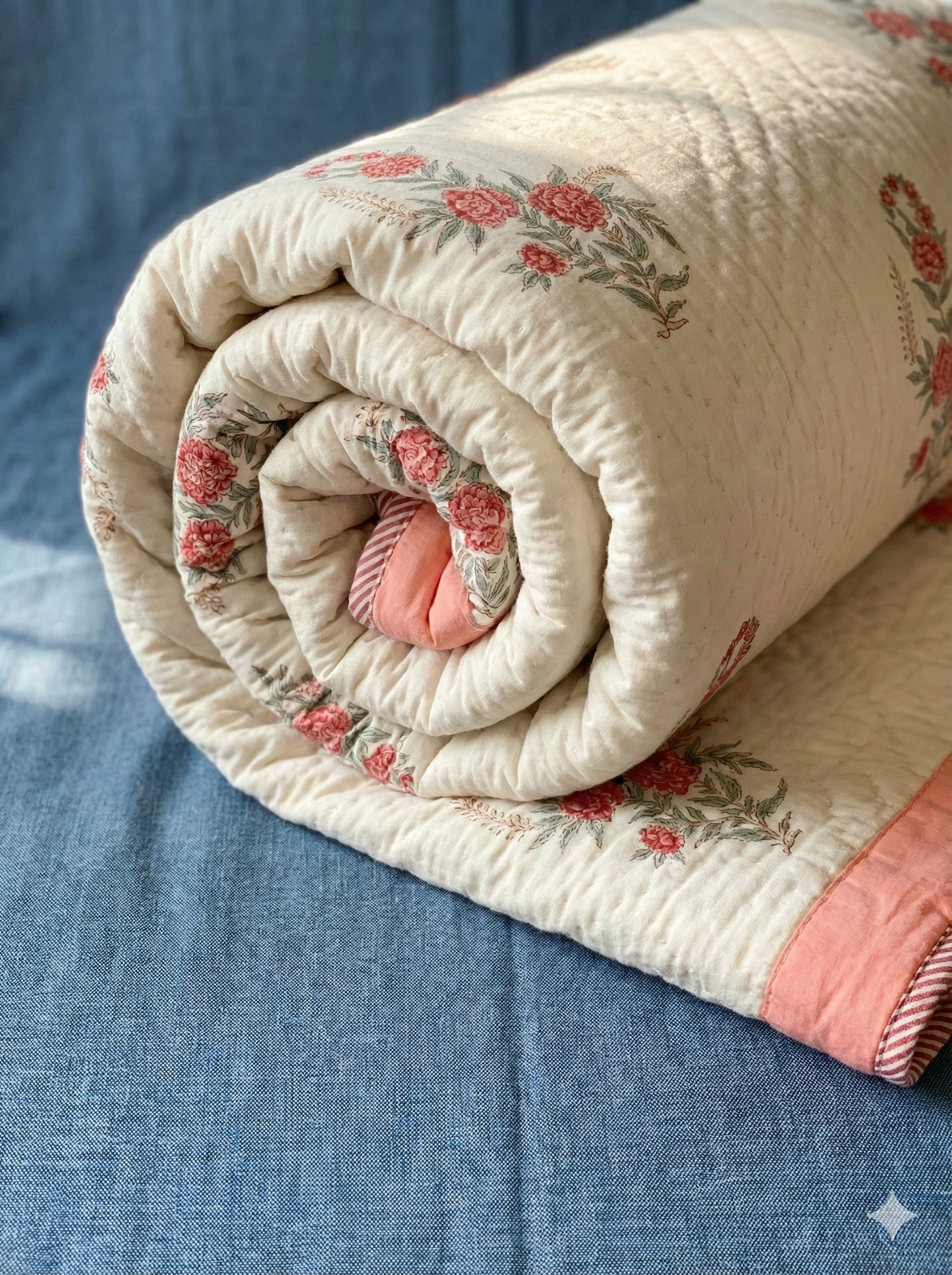 Pink Rose Handblock Reversible Mulmul Cotton Single Quilt