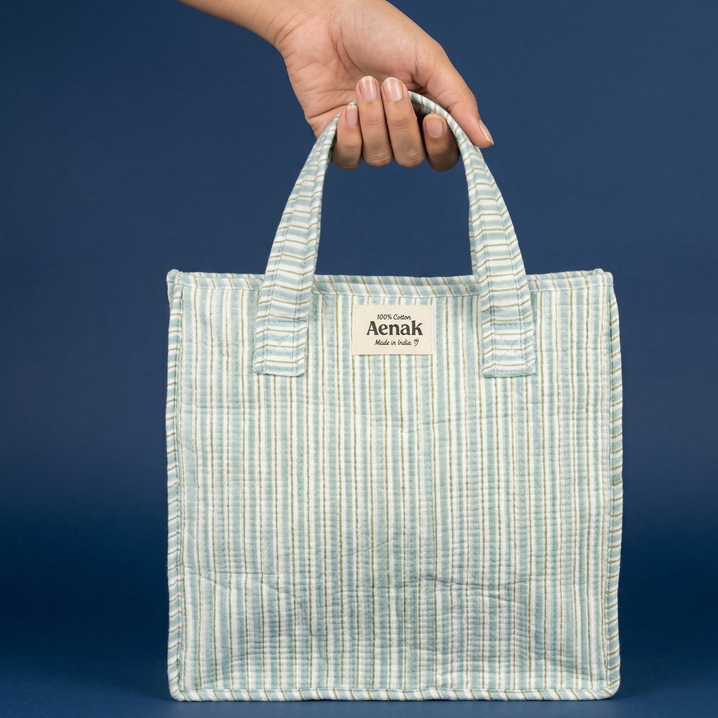 Sky Blue Striped Handblock Lunch Bag