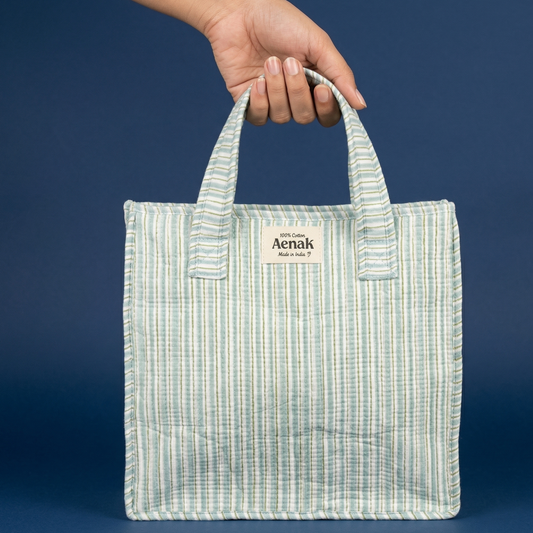 Sky Blue Striped Handblock Lunch Bag