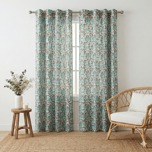 Teal Floral Garden Handblock Curtains