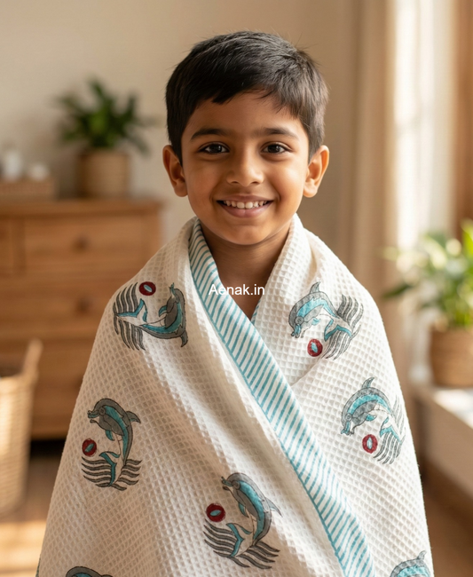 Grey Dolphin Handblock Waffle Cotton Bathing Towel