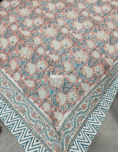 Light Peach Floral Handblock Table Cover
