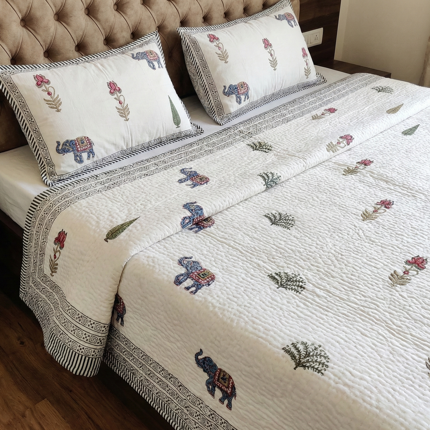 Blue Elephant Handblock Reversible Quilted Cotton Bedcover Set- 105x108