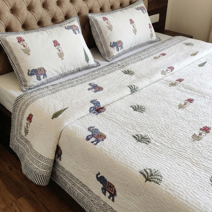 Blue Elephant Handblock Reversible Quilted Cotton Bedcover Set- 105x108