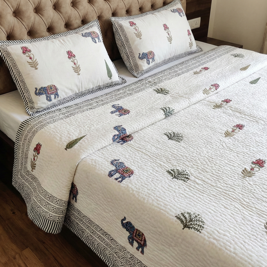 Blue Elephant Handblock Reversible Quilted Cotton Bedcover Set- 105x108