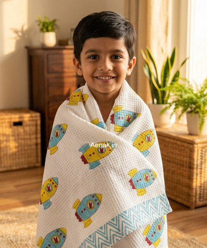 Yellow & Blue Rocket Handblock Waffle Cotton Bathing Towel
