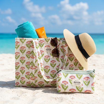 White Floral Garden Quilted Cotton Travel Bag + Vanity Pouch