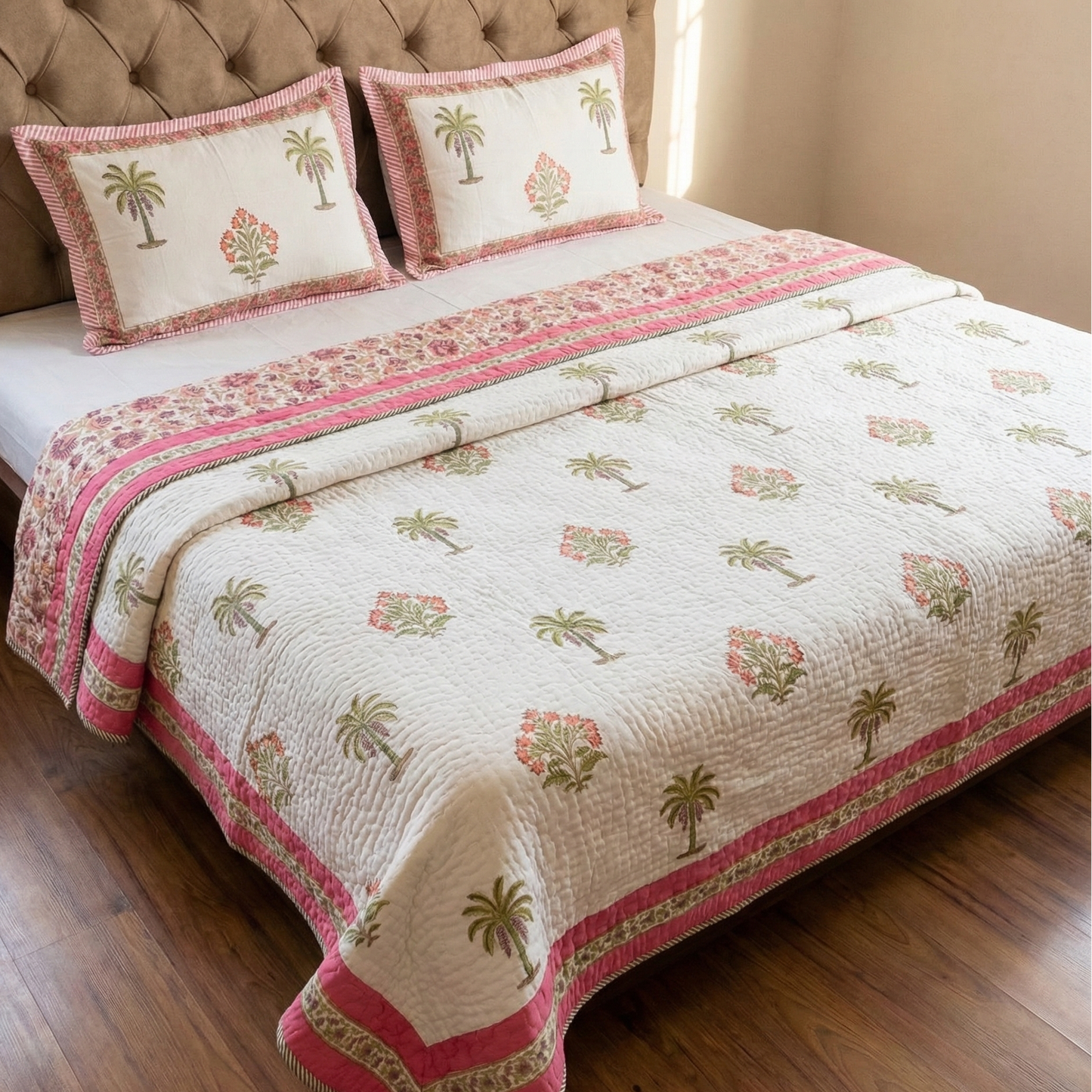Pink Royal Palm Handblock Reversible Quilted Cotton Bedcover Set-106x108