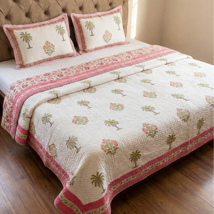 Pink Royal Palm Handblock Reversible Quilted Cotton Bedcover Set-106x108