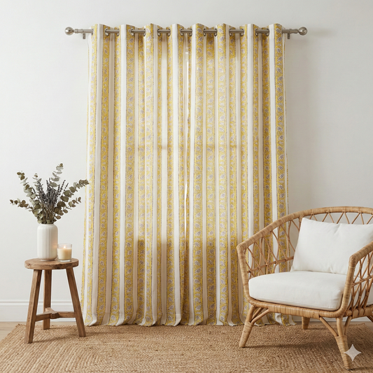 Yellow Stripe Handblock Curtains