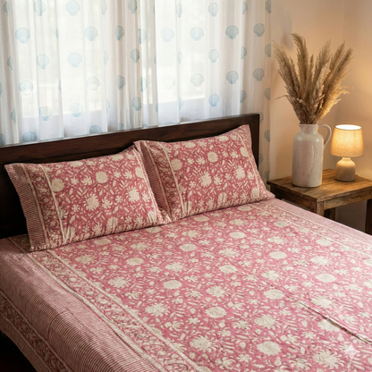 Magenta Floral Garden Handblock Printed Premium Cotton Bedsheet Set