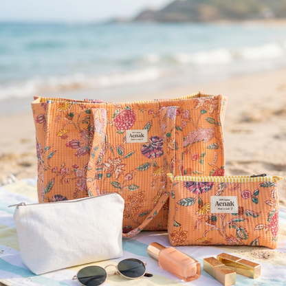 Orange Floral Garden Quilted Cotton Travel Bag + Vanity Pouch