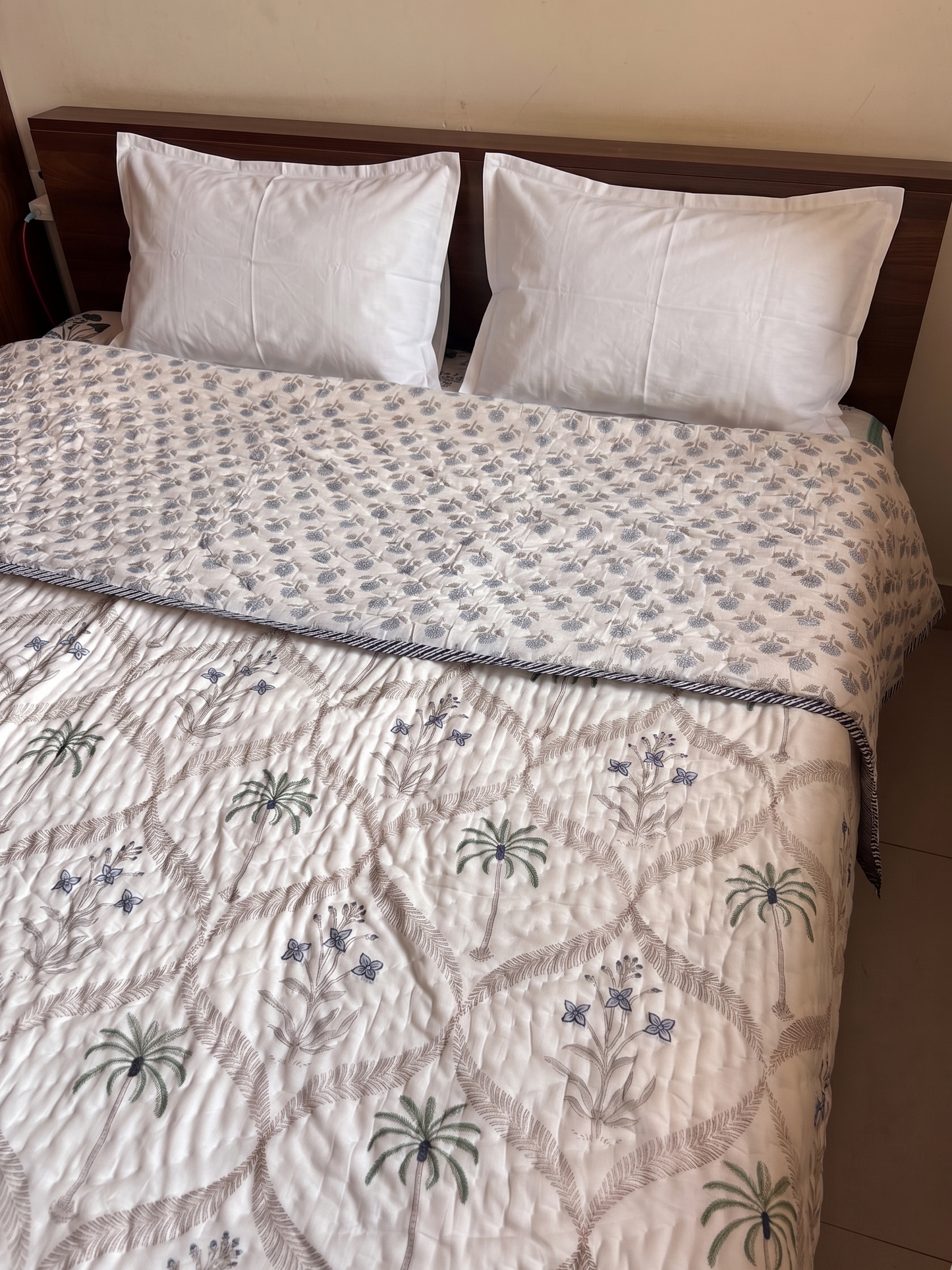 Blue Floral Palm Jaal Handblock Reversible Mulmul Cotton Quilt