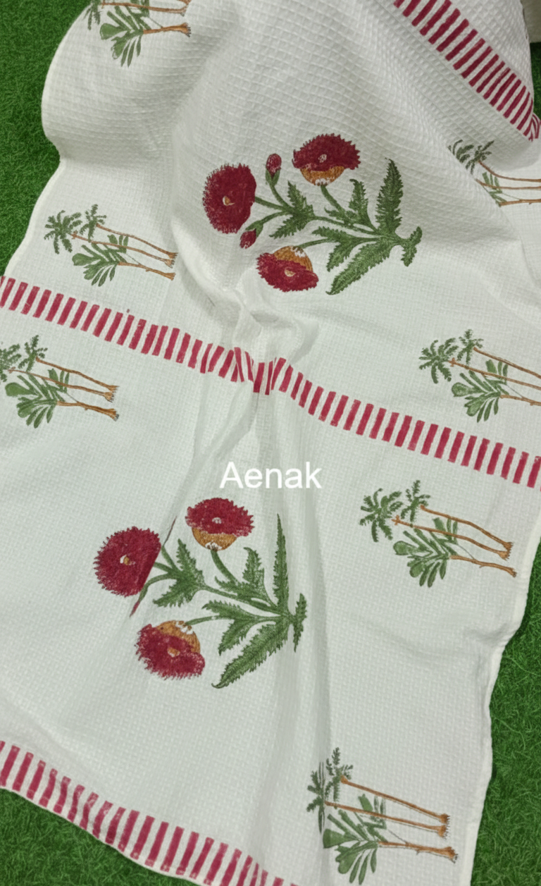 Red Dahlia Handblock Waffle Cotton Towel