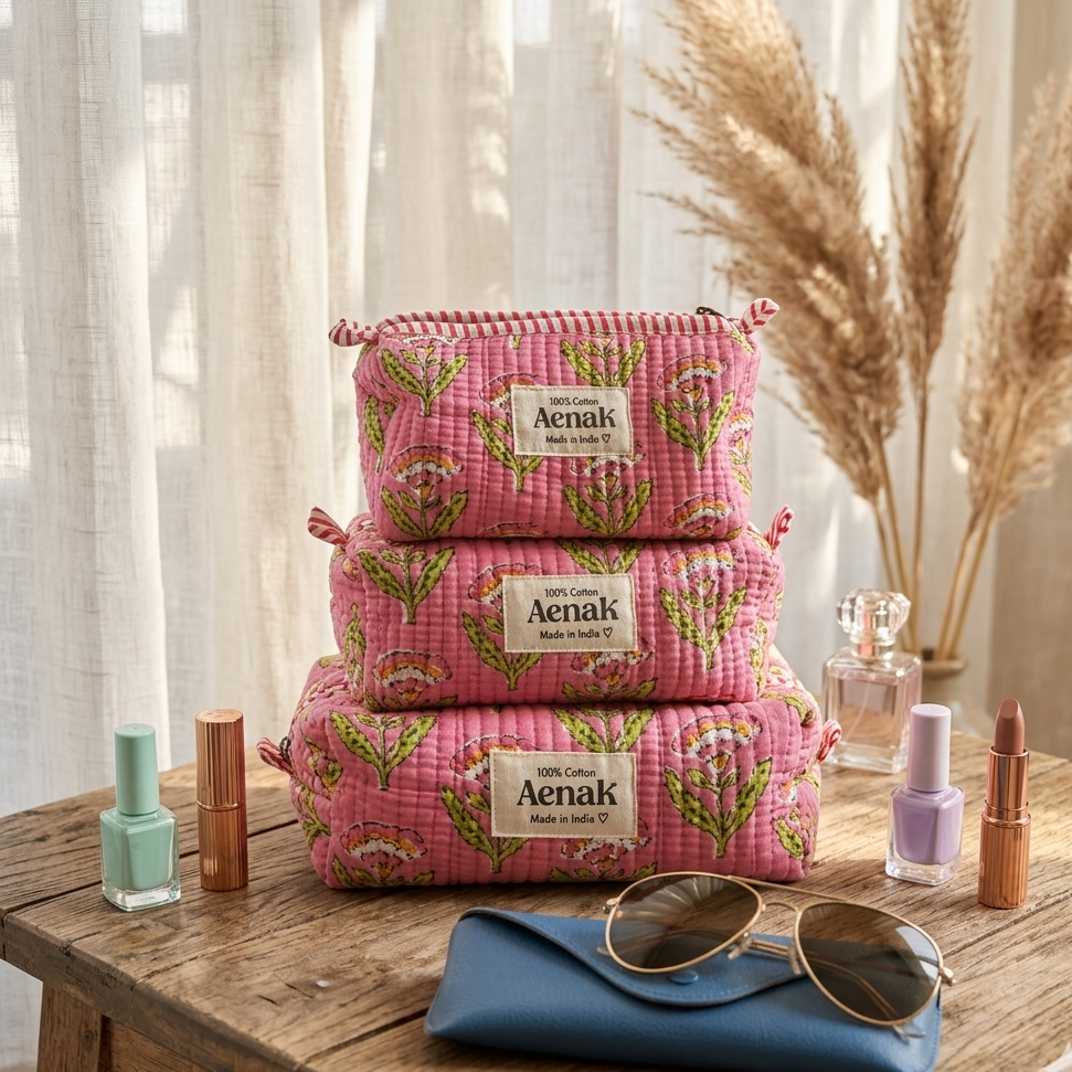 Pink Floral Garden Quilted Vanity Pouches-Set of 3