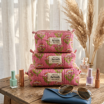 Pink Floral Garden Quilted Vanity Pouches-Set of 3