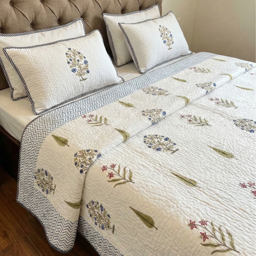 Pink Blue Cypress Boota Handblock Reversible Quilted Cotton Bedcover S ...