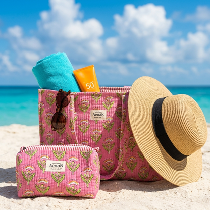 Pink Floral Garden Quilted Cotton Travel Bag + Vanity Pouch