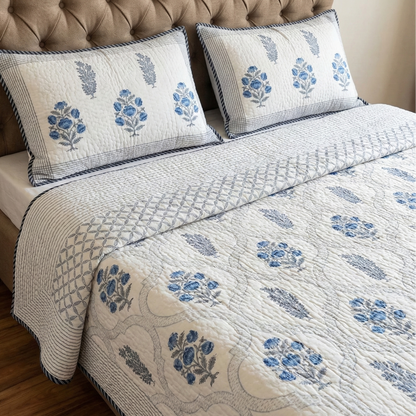 Blue Rose Jaal Handblock Reversible Quilted Cotton Bedcover Set- 105x108
