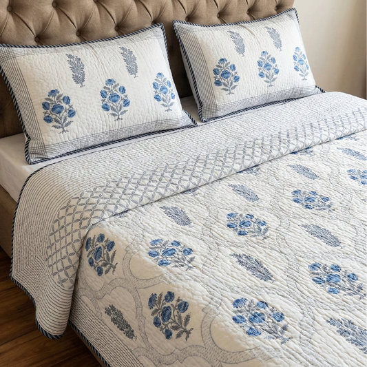 Blue Rose Jaal Handblock Reversible Quilted Cotton Bedcover Set- 105x108