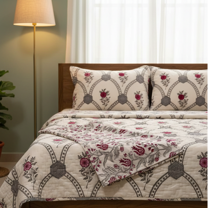 Grey Jaal Handblock Bedsheet + Quilt Combo Set
