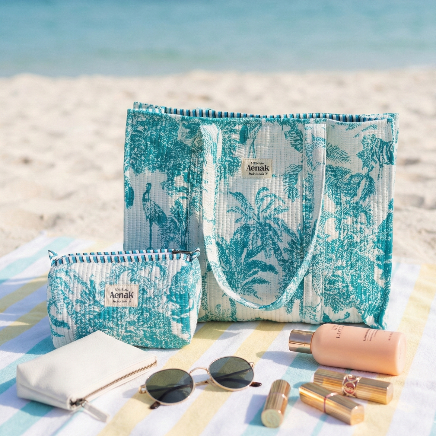 Teal Jungle Quilted Cotton Travel Bag + Vanity Pouch