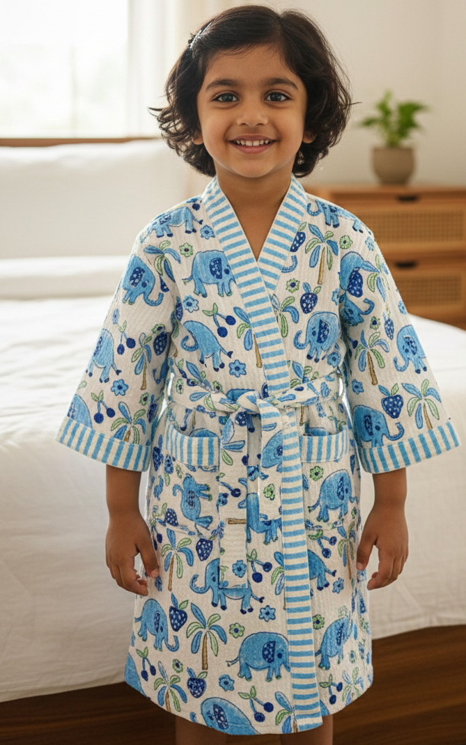 Blue Elephant Handblock Cotton Bathrobe