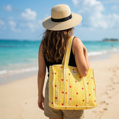 Yellow Little Heart Quilted Cotton Travel Bag + Vanity Pouch