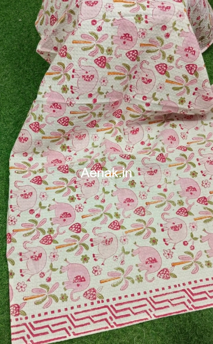 Pink Elephant Handblock Waffle Cotton Bathing Towel