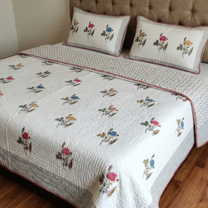 Red Blue & Yellow Rose Handblock Reversible Quilted Cotton Bedcover Set- 105x108