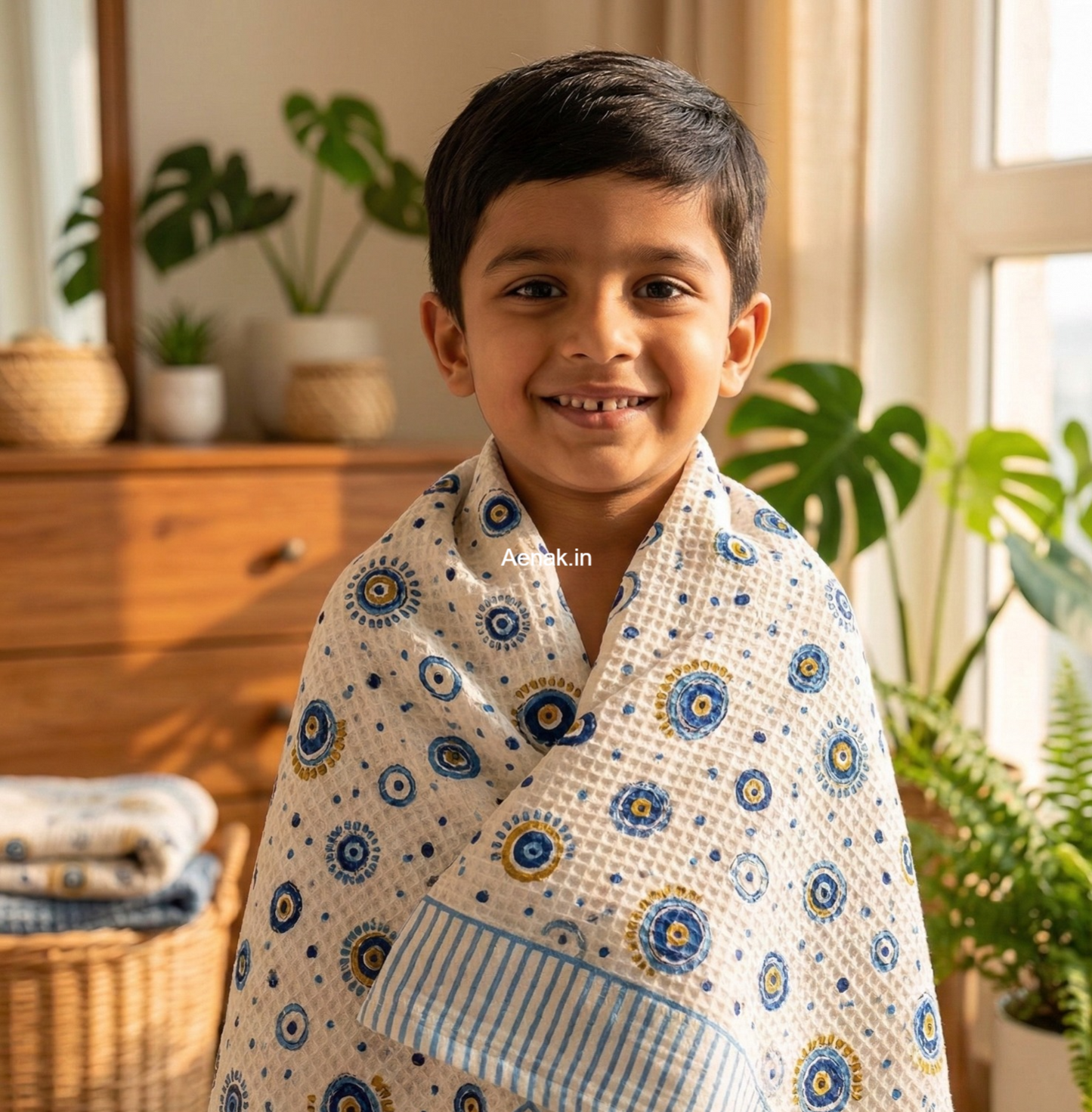 Blue Circle Handblock Waffle Cotton Bathing Towel