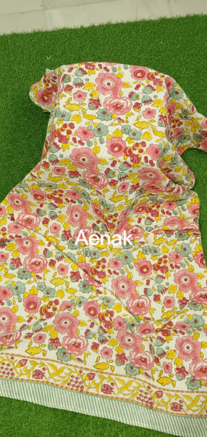 Pink Floral Garden Handblock Waffle Cotton Towel