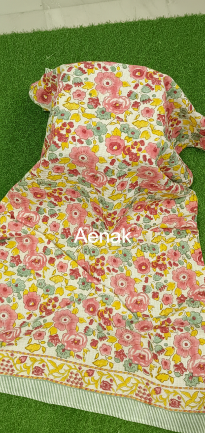 Pink Floral Garden Handblock Waffle Cotton Towel
