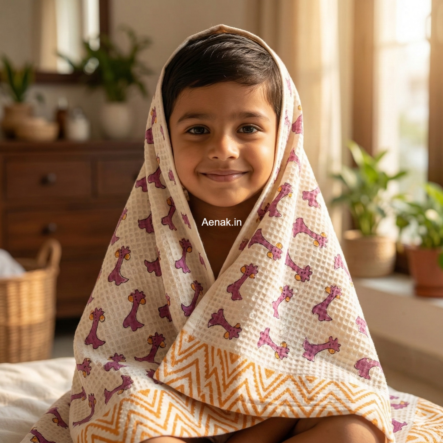 Pink Giraffe Handblock Waffle Cotton Bathing Towel