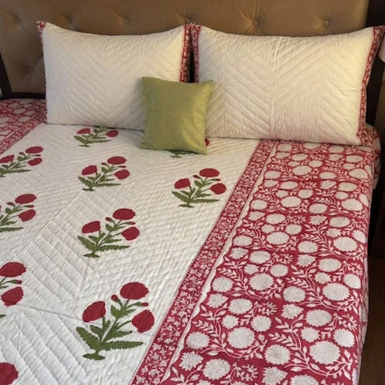 Red Dahlia Gadd Handblock Reversible Mulmul Cotton Quilt