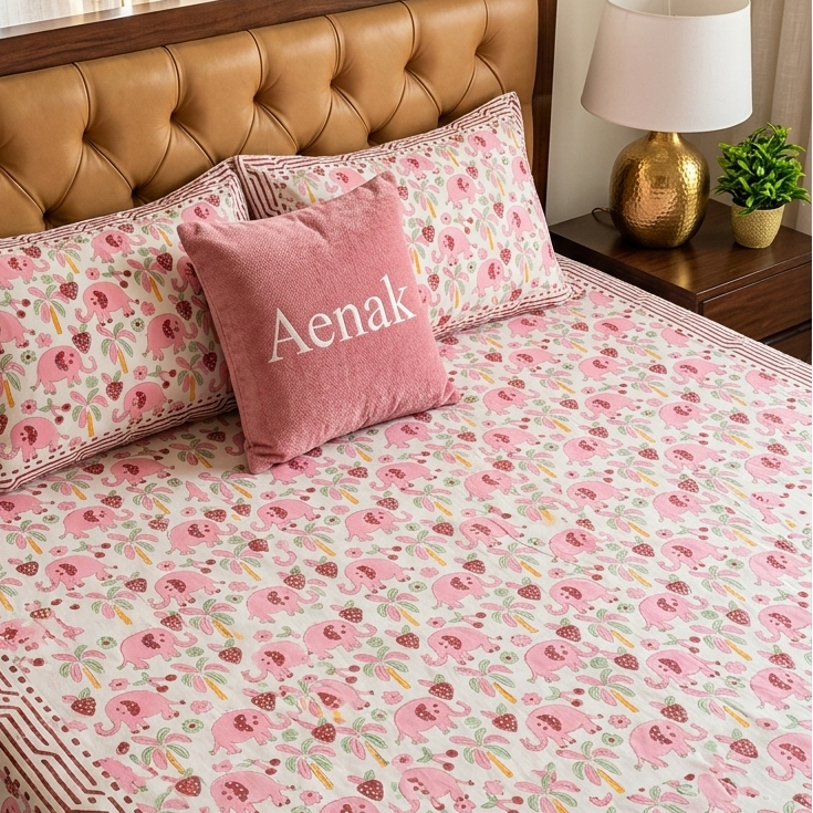 Pink Elephant Handblock Printed Premium Cotton Kids Bedsheet Set