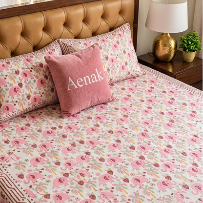 Pink Elephant Handblock Printed Premium Cotton Kids Bedsheet Set