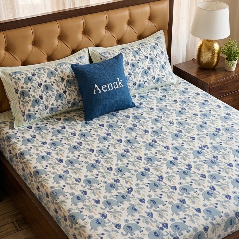 Blue Elephant Handblock Premium Cotton Kids Bedsheet Set