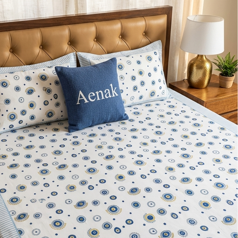 Blue Circle Handblock Premium Cotton Kids Bedsheet Set