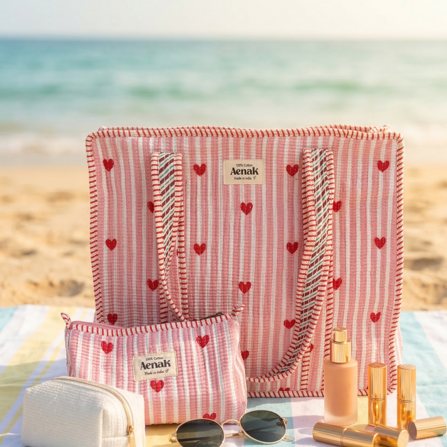 Pink Little Heart Quilted Cotton Travel Bag + Vanity Pouch