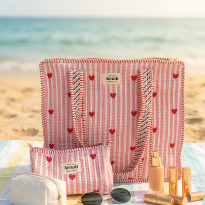 Pink Little Heart Quilted Cotton Travel Bag + Vanity Pouch