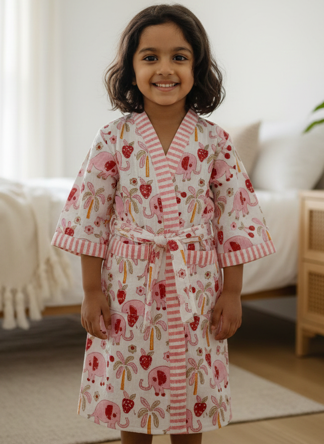 Pink Elephant Handblock Cotton Bathrobe