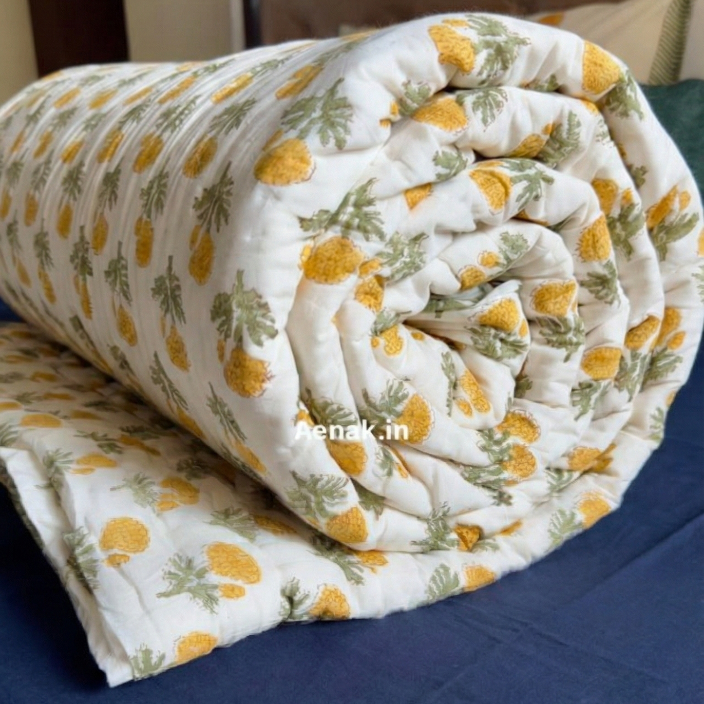 Yellow Marigold Paani Jaal Handblock Reversible Mulmul Cotton Quilt
