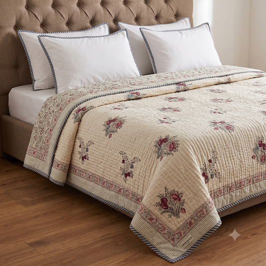 Burgundy Anaar Handblock Bedsheet + Single Bed Quilt Combo Set (Beige Base)