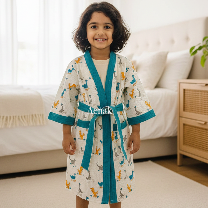 Dino Print Handblock Cotton Bathrobe