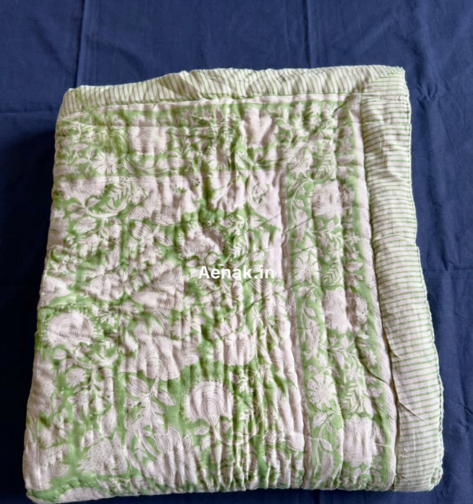 Green Garden Handblock Reversible Mulmul Cotton Quilt