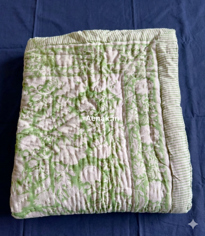 Green Garden Handblock Bedsheet + Quilt Combo Set